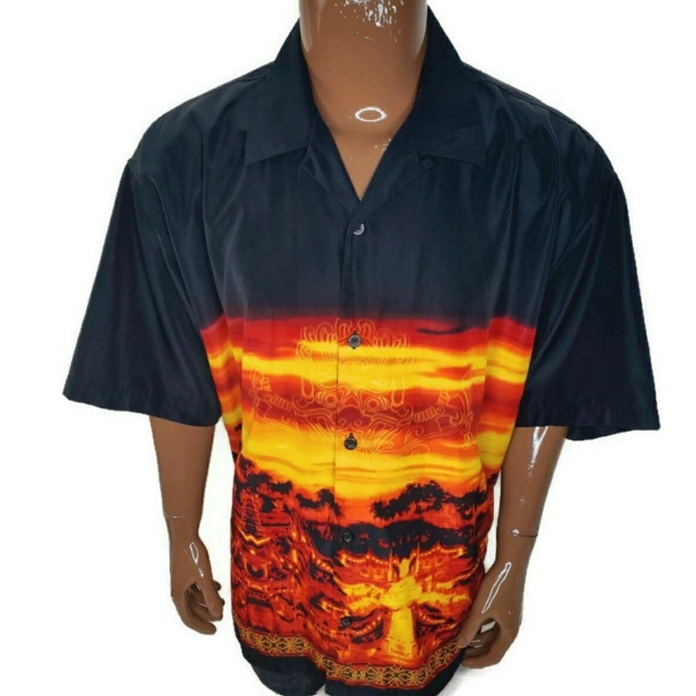 No Boundaries Mens XL Sunset Temple Graphic Button Front Shirt Black Red Orange